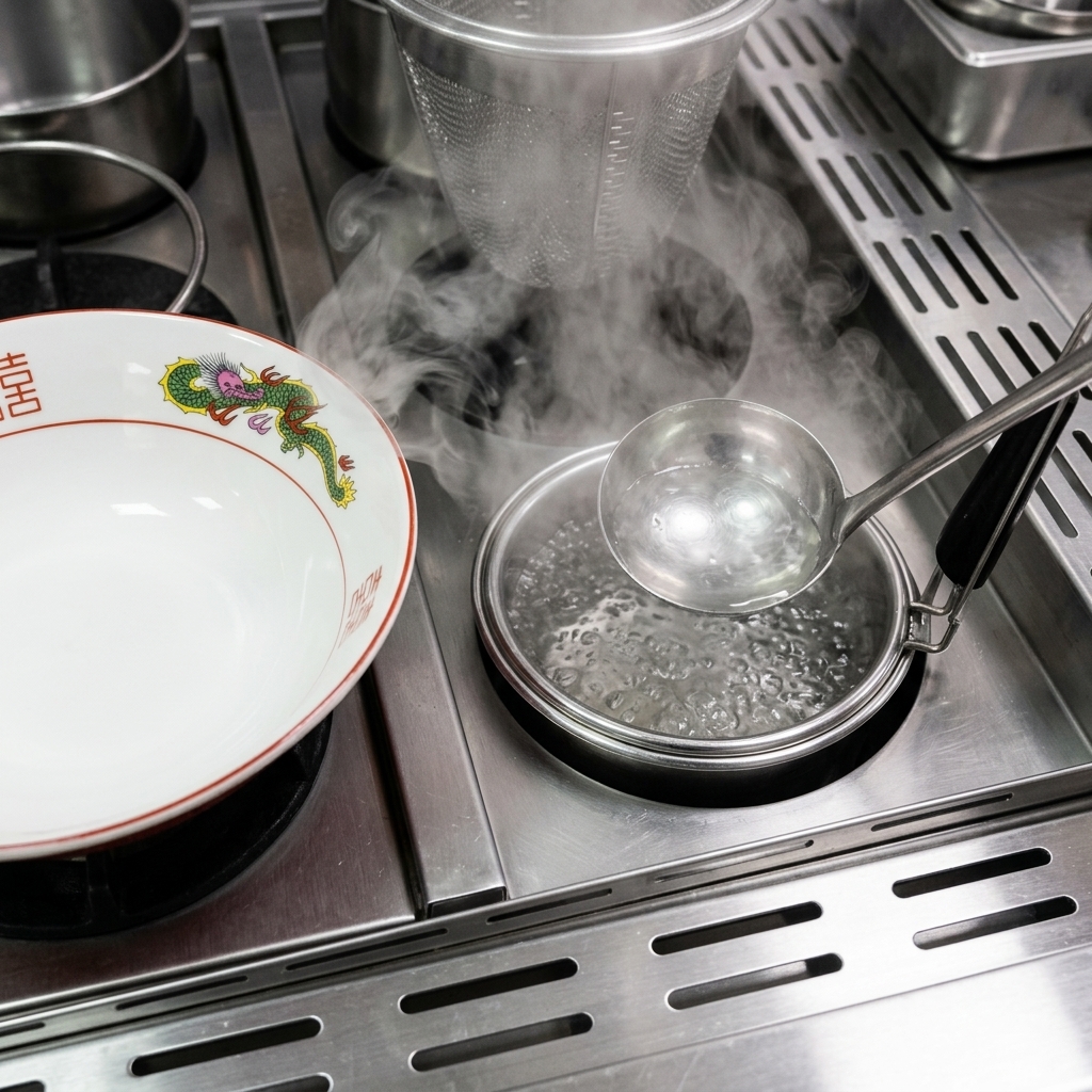 Eine Edelstahlschöpfkelle gießt klares, heißes Wasser in eine weiße Keramik-Ramenschüssel mit roten Drachenmotiven auf einem professionellen Edelstahlherd.