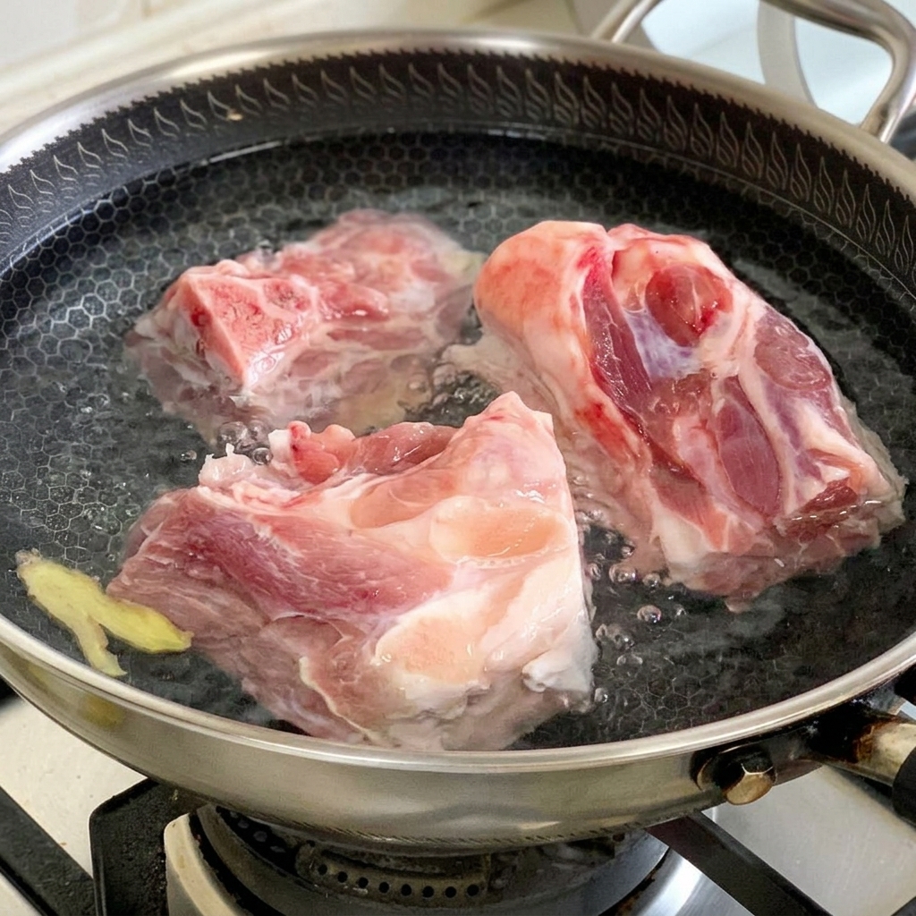 Rohe Schweineknochen in einem Topf mit kaltem Wasser, Ingwer und Frühlingszwiebeln bereit zum Blanchieren.