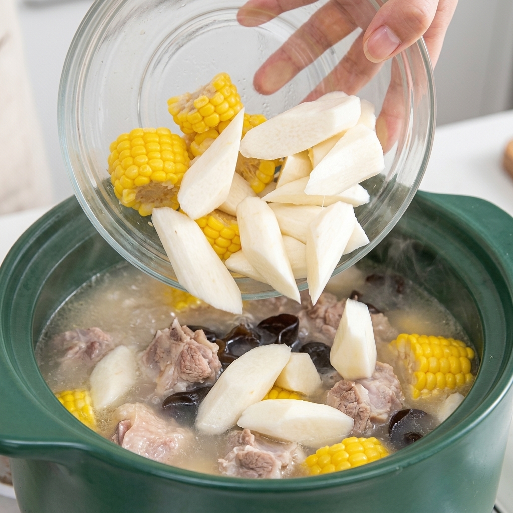 Eine Hand gibt Maisstücke und Yams-Scheiben in den Tontopf zur kochenden Suppe mit Mu-Err-Pilzen.