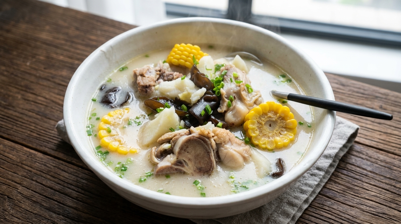 Cremige Schweineknochensuppe mit süßem Mais und Yams