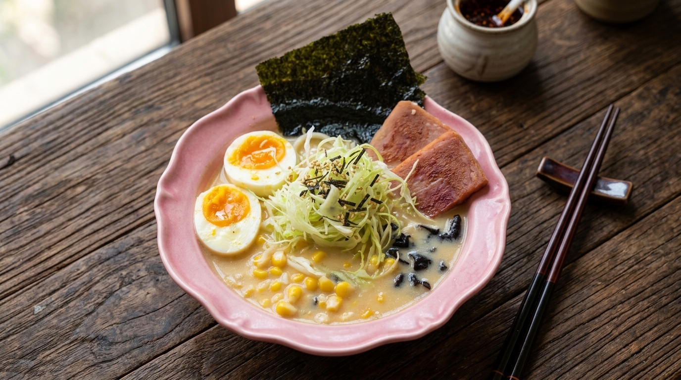 Kräftige selbstgemachte Tonkotsu-Ramen mit universellen Brühwürfeln
