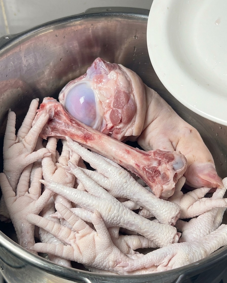 Ein Edelstahltopf gefüllt mit rohen Hühnerfüßen, einem großen Schweinemarkknochen und einem Schweinsfuß in Wasser mit Aromaten.