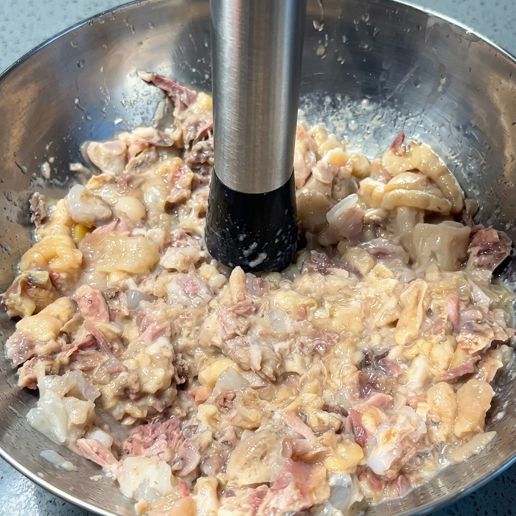 Ein Kartoffelgestampfer drückt auf weiches, gekochtes Fleisch und Knorpel in einer Rührschüssel aus Edelstahl.