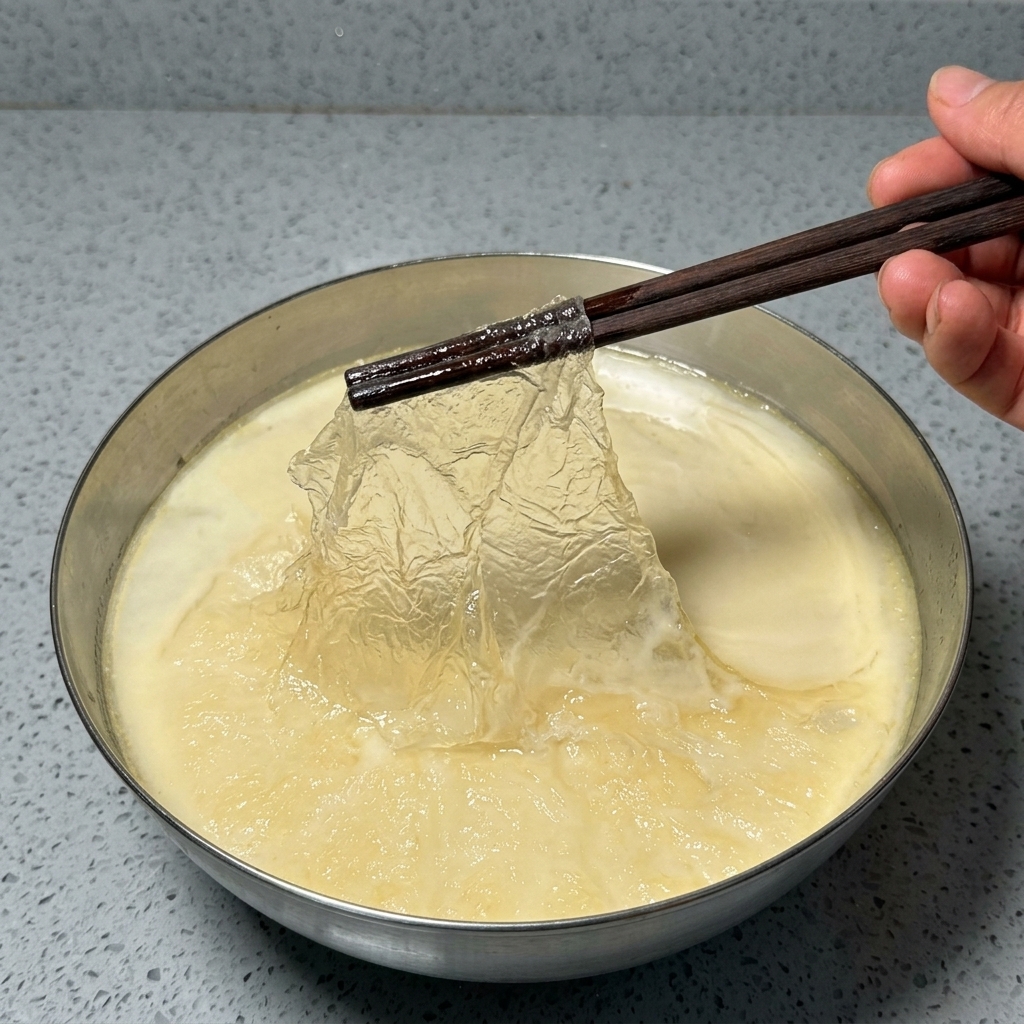 Ein Paar dunkle Holzstäbchen hebt eine dünne, durchscheinende Schicht aus erstarrtem gelbem Fett von der Oberfläche einer milchig-weißen Schweinebrühe in einer Metallschüssel.