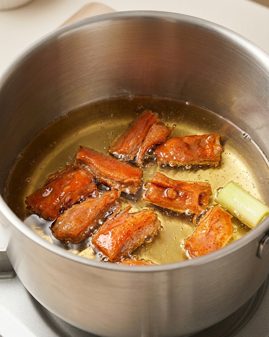 Garnelenköpfe und ein Stück Frühlingszwiebel braten sanft in einem Edelstahltopf mit schäumendem Sojaöl.