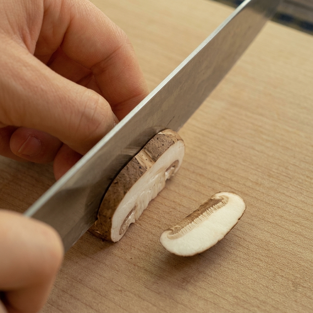 Eine Hand hält einen braunen Shiitake-Pilz, während er auf einem hellen Holzbrett in vertikale Streifen geschnitten wird.