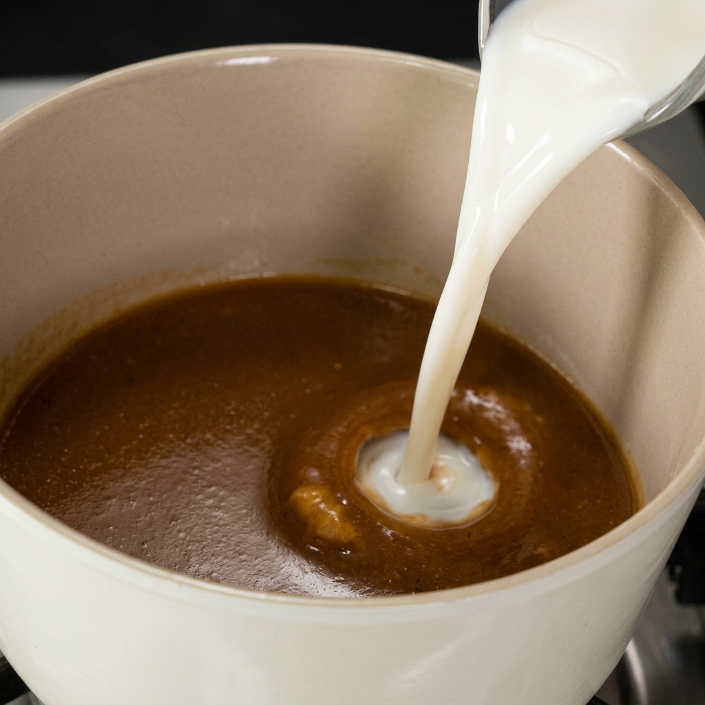 Frische weiße Milch wird in eine tiefbraune, herzhafte Brühe in einem hellen Keramiktopf gegossen und erzeugt cremige Schlieren.