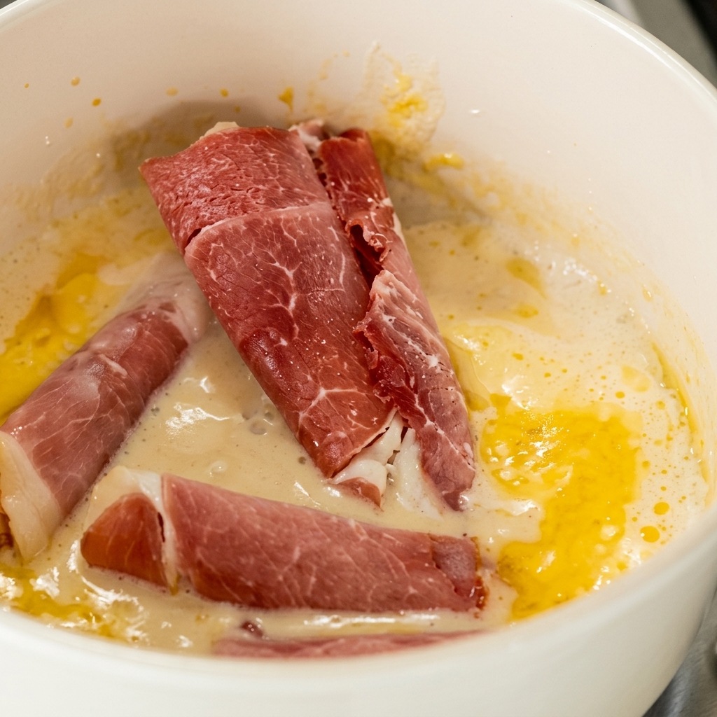Dünne, gerollte Scheiben rohes rotes Rindfleisch werden in einen Topf mit blubbernder, cremiger, heller Ramen-Brühe gegeben.