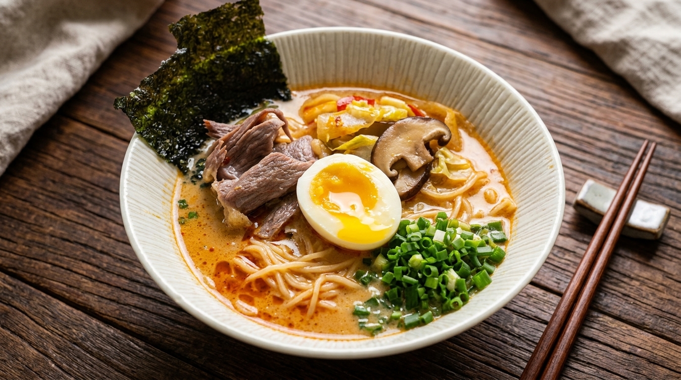 Eine dampfende Schüssel cremige Miso-Ramen, gekrönt mit einem wachsweich gekochten Ei, zartem Rindfleisch und frischen Nori-Algen.