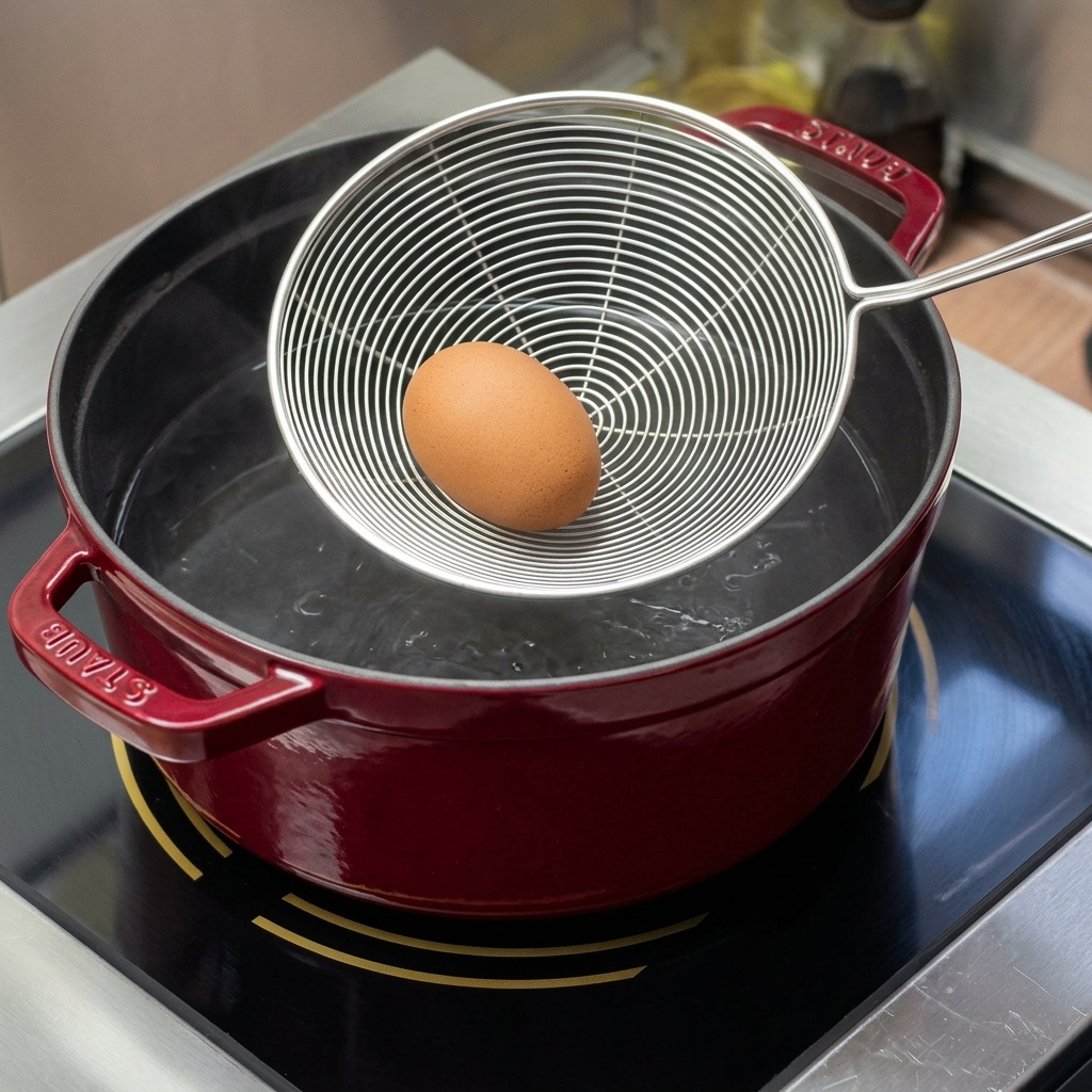 Ein ganzes braunes Ei liegt in einem Sieb und wird in einen kochenden roten Staub-Topf auf einem Induktionskochfeld abgesenkt.