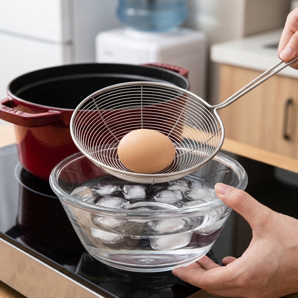 Ein Ei wird in einem Sieb in eine Glasschüssel mit kaltem Wasser und großen Eiswürfeln getaucht.
