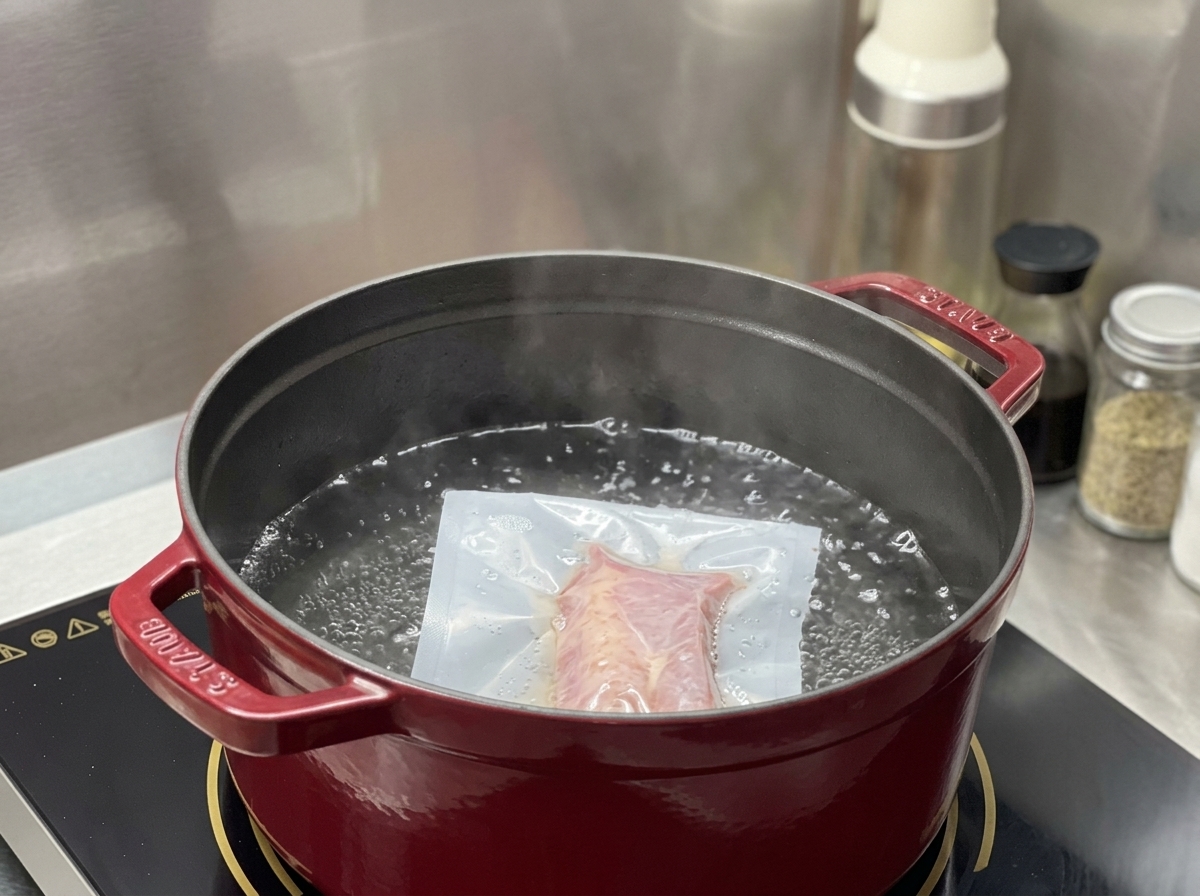 Ein vakuumierter Plastikbeutel mit einem Stück rosa Chashu-Schweinefleisch liegt in einem Topf mit siedendem Wasser.