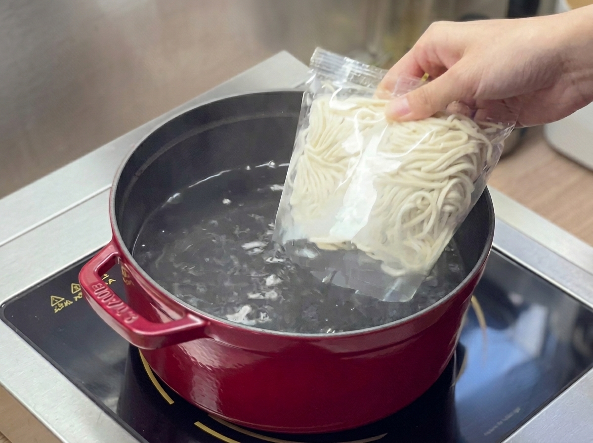 Eine Hand hält eine Plastiktüte mit frischen Ramen-Nudeln über einen roten Topf mit kochendem Wasser.