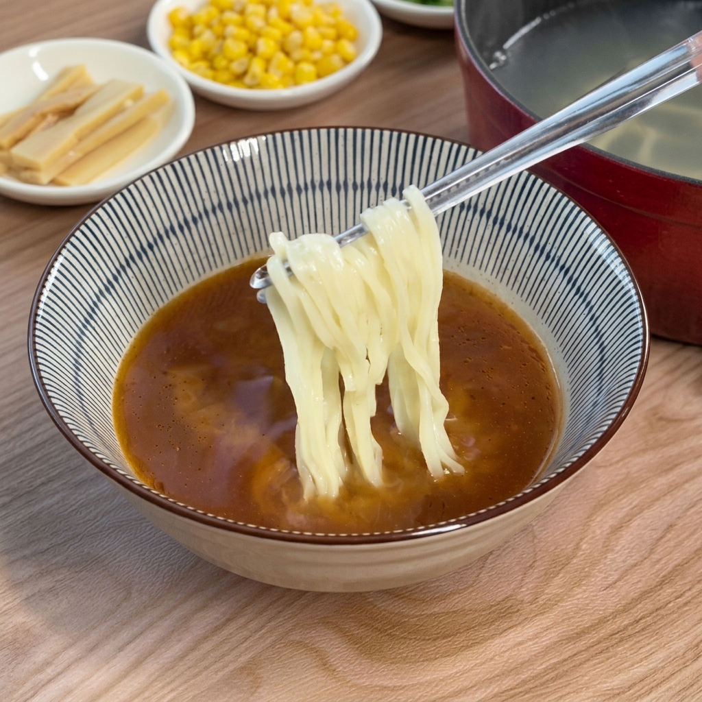 Ein Paar Metallstäbchen hebt eine Portion gekochte Ramen-Nudeln in eine Schüssel mit dunkler Miso-Brühe.