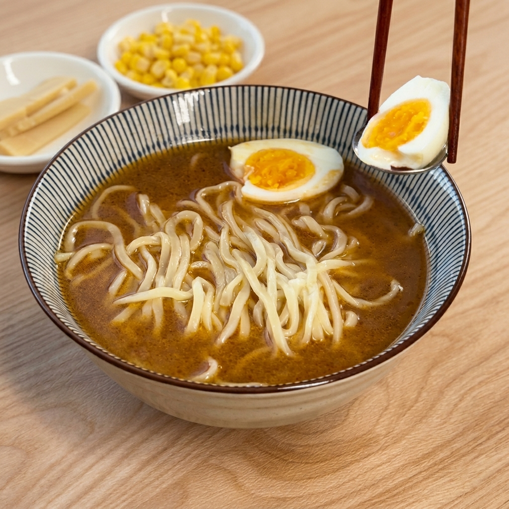 Eine Hand platziert mithilfe von Löffel und Stäbchen eine halbe Eihälfte mit leuchtend orangem Eigelb auf einer Ramen-Suppe.