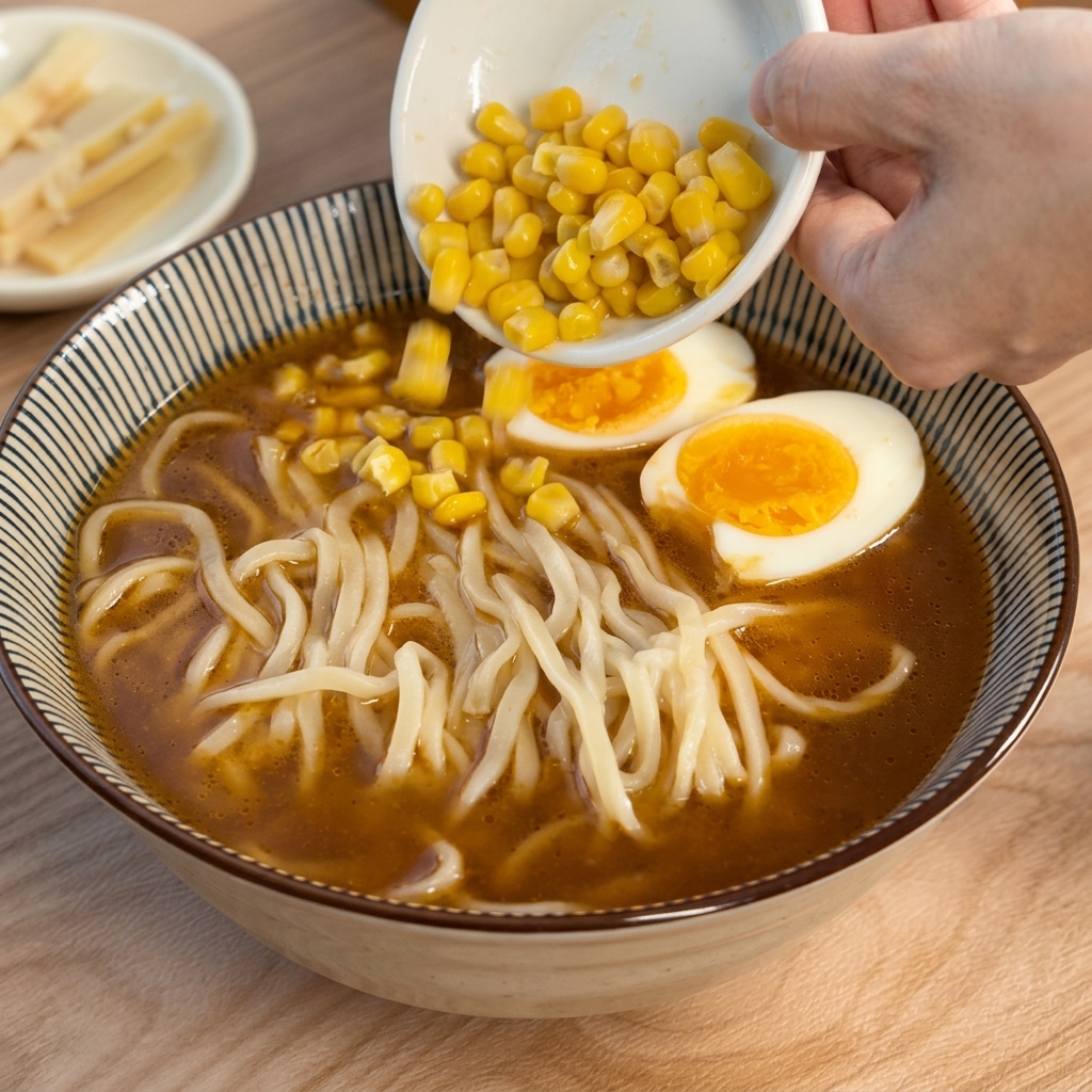 Eine Person gibt süße gelbe Maiskörner aus einer kleinen weißen Schale in eine Miso-Ramen-Suppe.