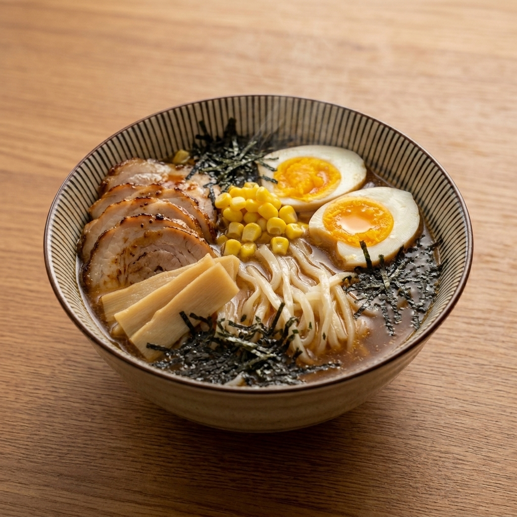 Eine ansprechend angerichtete Miso-Ramen-Schüssel mit Ei, Mais, Bambussprossen, Chashu-Fleisch und Nori-Algen.