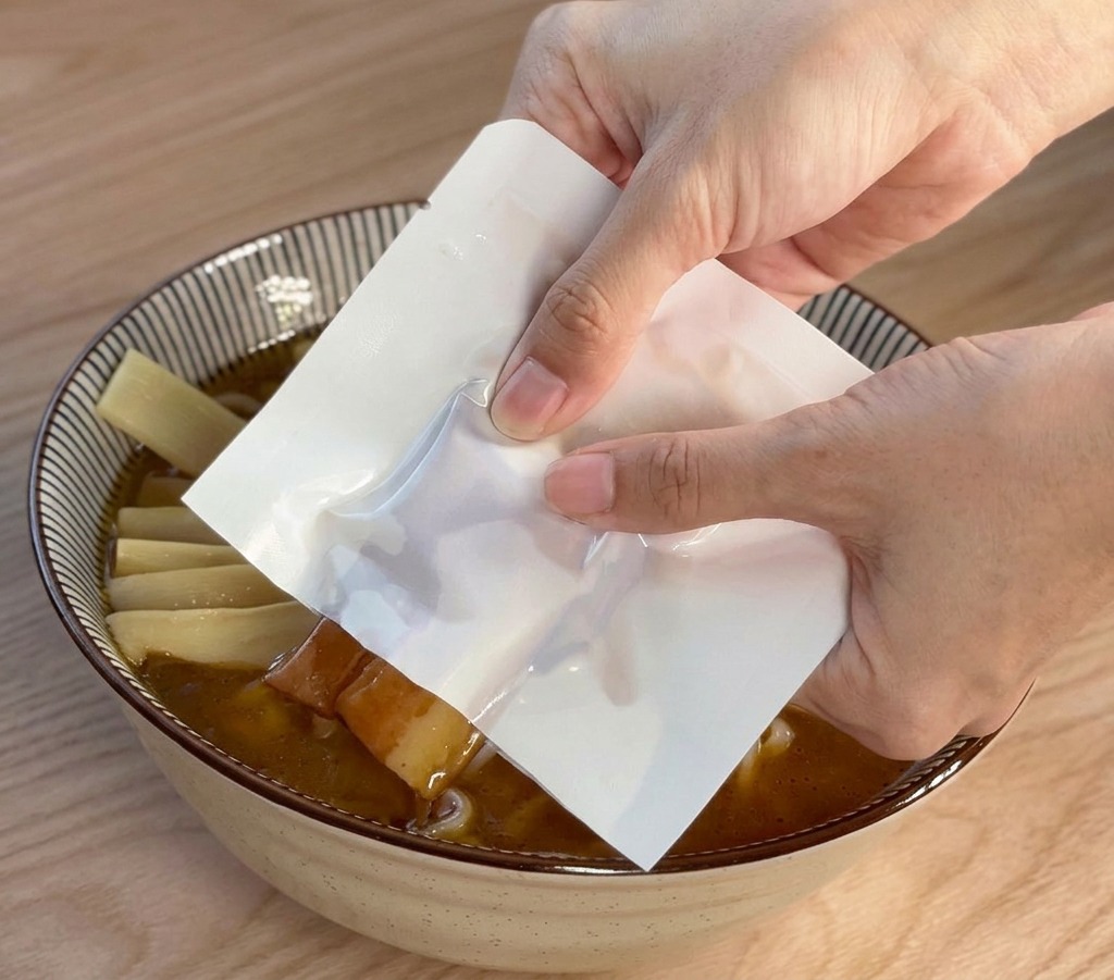 Hände lassen eine Scheibe geschmortes Chashu-Schweinefleisch aus einer weißen Packung in eine mit Bambussprossen garnierte Ramen-Schüssel gleiten.