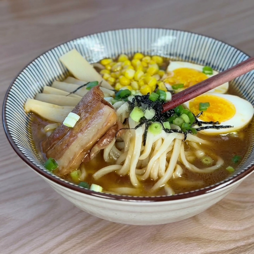 Eine fertige Schüssel Miso-Ramen mit wachsweichem Ei, Mais, Chashu-Fleisch, Bambussprossen, garniert mit frischen Frühlingszwiebeln.