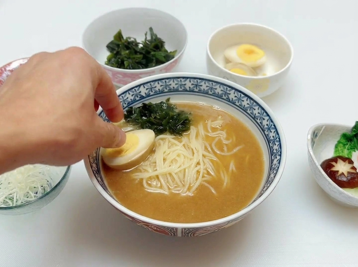 Eine Hand legt vorsichtig ein halbes, weichgekochtes Ei in eine heiße Schüssel mit Miso-Ramen.