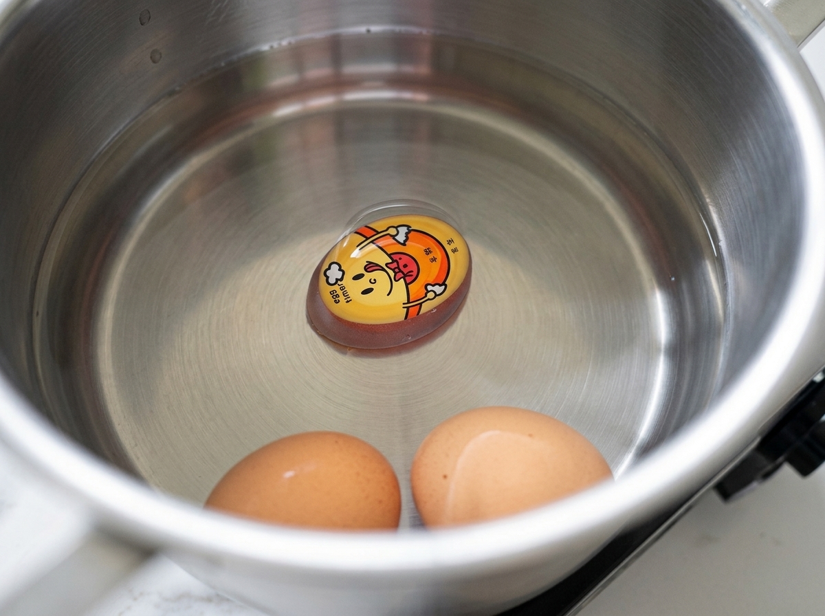 Zwei braune Eier in einem Edelstahltopf mit köchelndem Wasser.