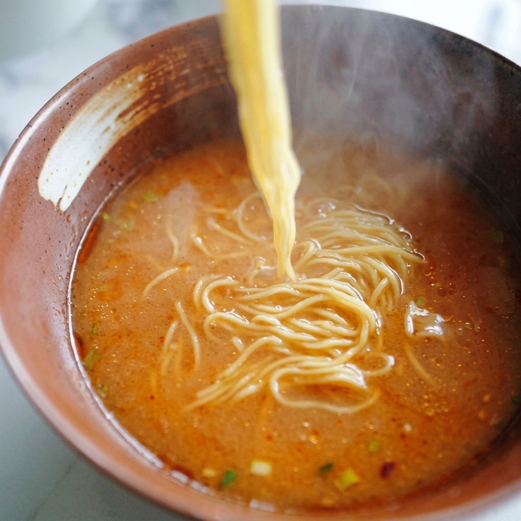 Gelbe Ramen-Nudeln werden mit Stäbchen in eine Schale mit orangefarbener Miso-Brühe gegeben.