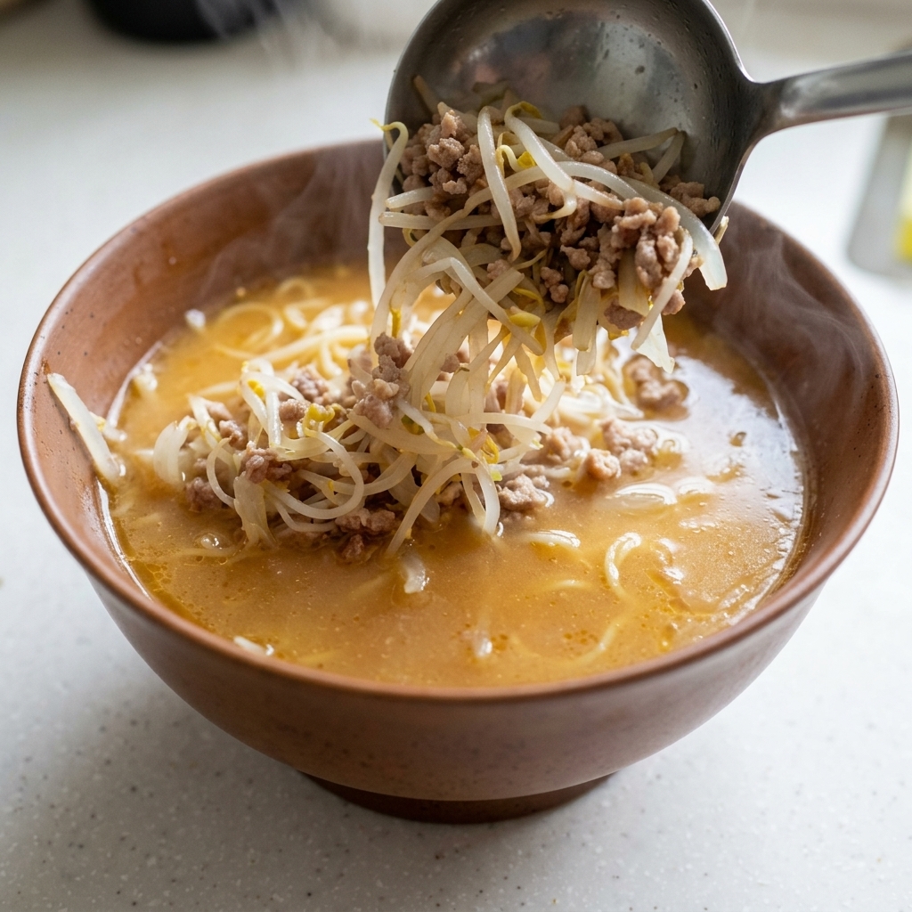 Eine Metallkelle gibt die Hackfleisch-Sprossen-Mischung auf eine Schale Miso Ramen.