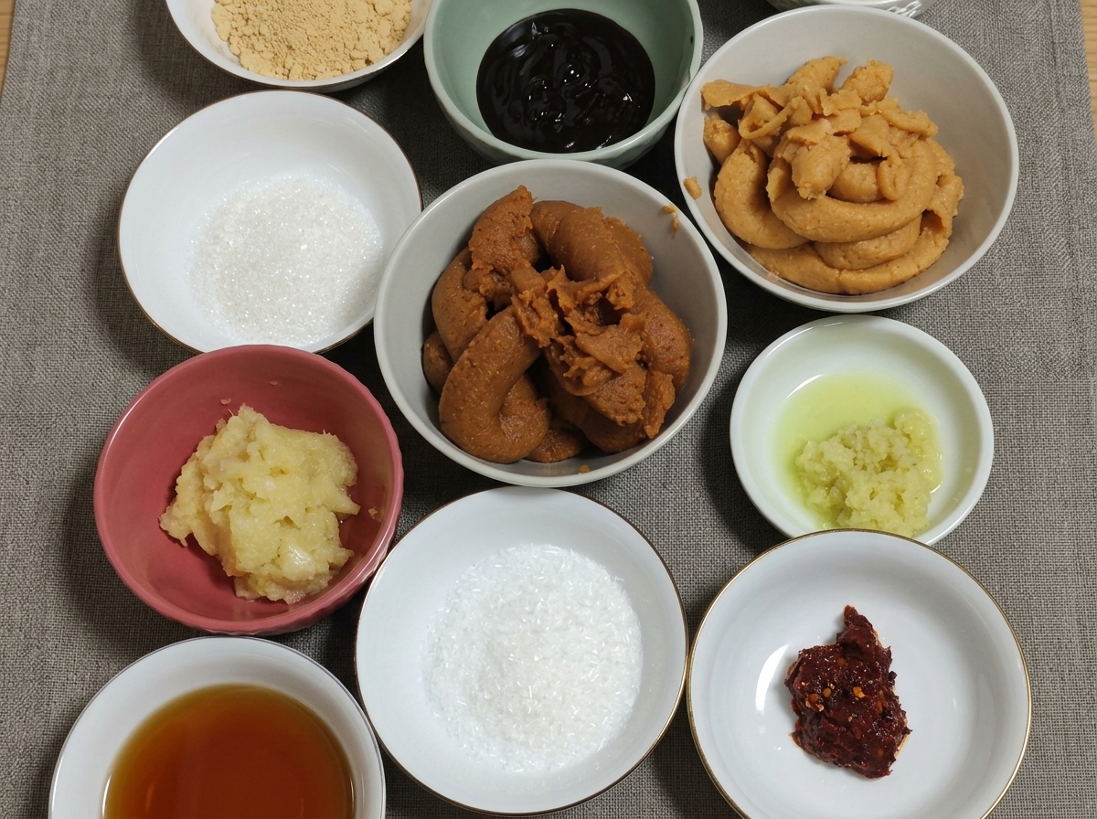 Eine Draufsicht auf mehrere kleine Keramikschälchen mit verschiedenen Sorten Misopaste, weißem Zucker, Sojamehl, gehacktem Knoblauch und roten Chiliflocken auf grauem Stoff.