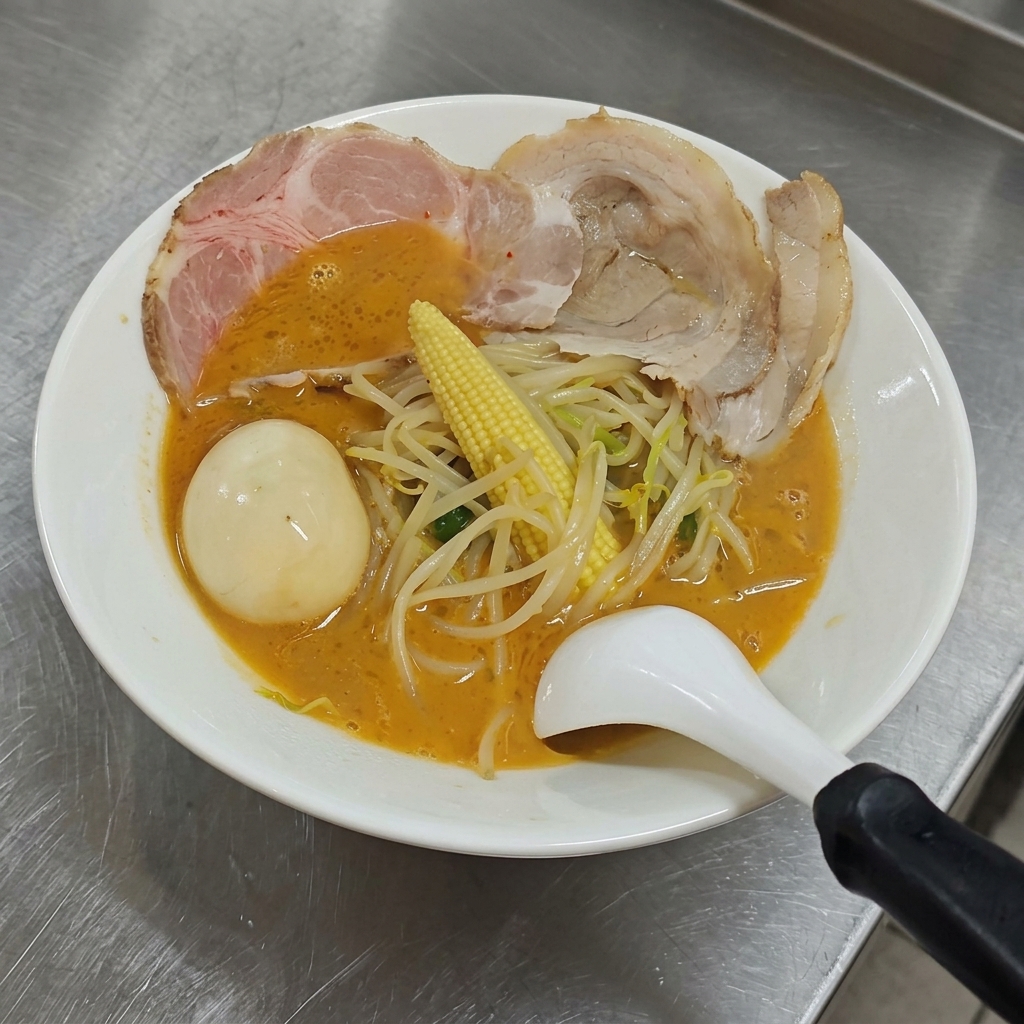Eine fertige Schüssel Miso-Ramen, garniert mit Sojasprossen, Mini-Mais, Chashu-Schweinescheiben, einem weichgekochten Ei und einem Stück gelber Butter obendrauf.