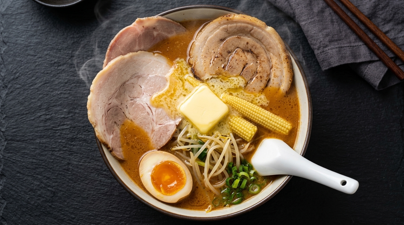 Eine dampfende Schüssel Miso-Ramen mit schmelzender Butter, zartem Chashu-Schwein und Mini-Maiskolben.