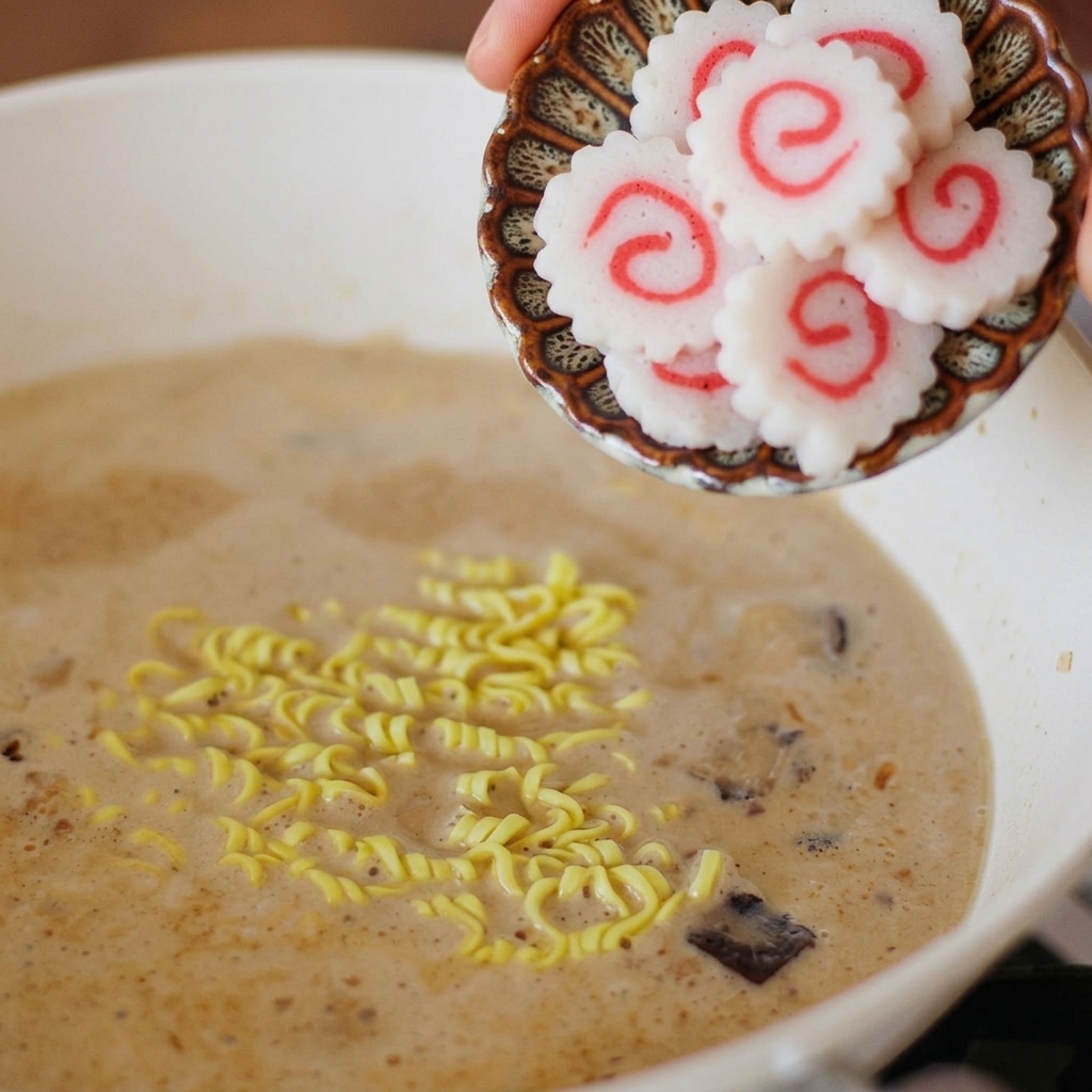 Ein kleiner Dekoteller wird gekippt, um Scheiben von weiß-rosa Narutomaki-Fischkuchen in einen Topf mit Ramen-Suppe zu geben.