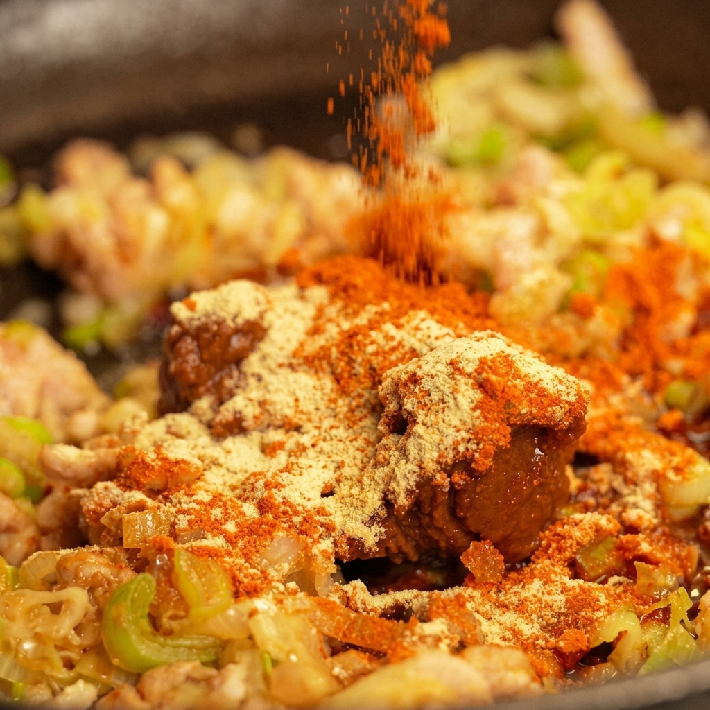 Rotes Chilipulver und weißer Pfeffer werden über Miso und Hackfleisch in einer Bratpfanne gestreut.