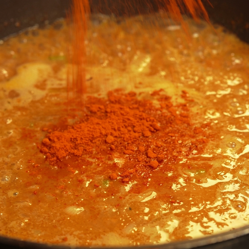 Feines rotes Chilipulver falls von oben auf eine köchelnde, cremige orangefarbene Sauce in einer schwarzen Pfanne.