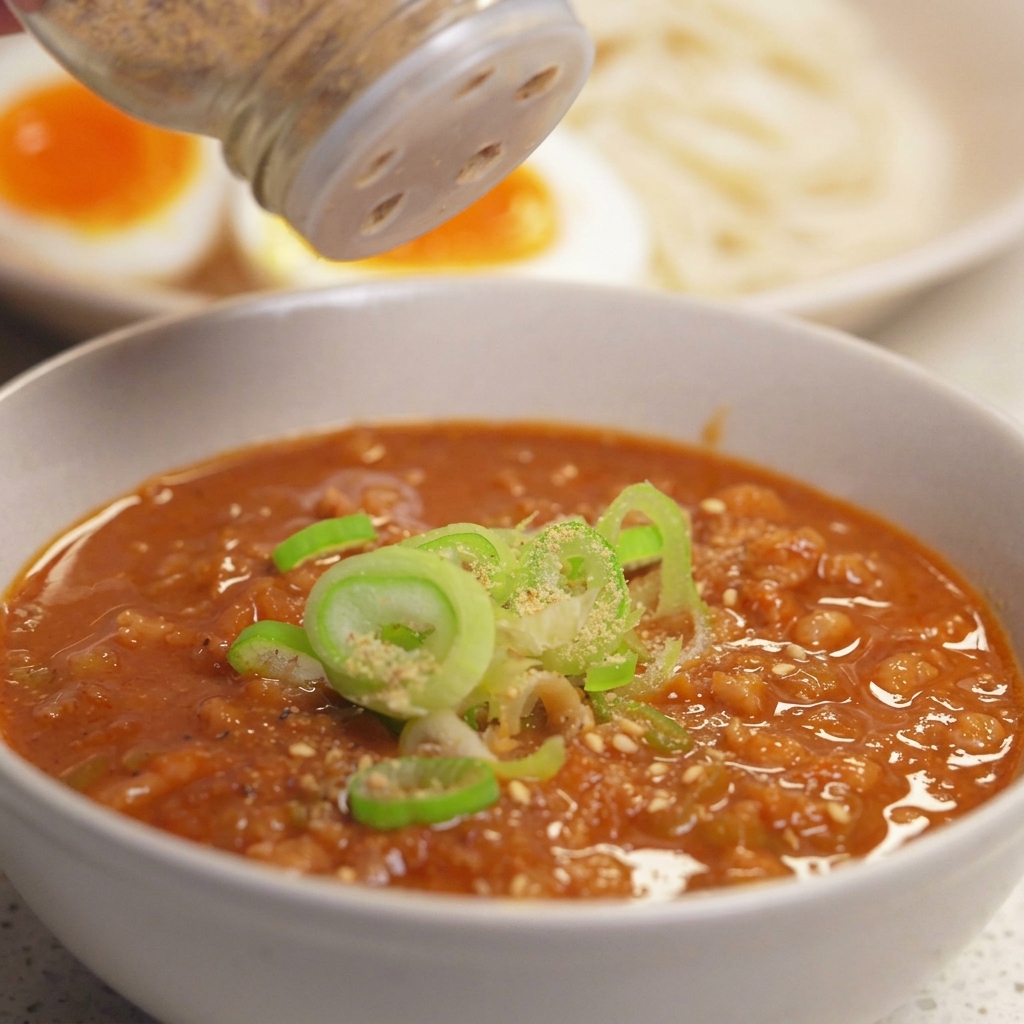 Eine Hand streut mit einem Streuer Gewürze über eine Schale mit orangefarbener Dip-Sauce, die bereits mit Frühlingszwiebeln garniert ist.