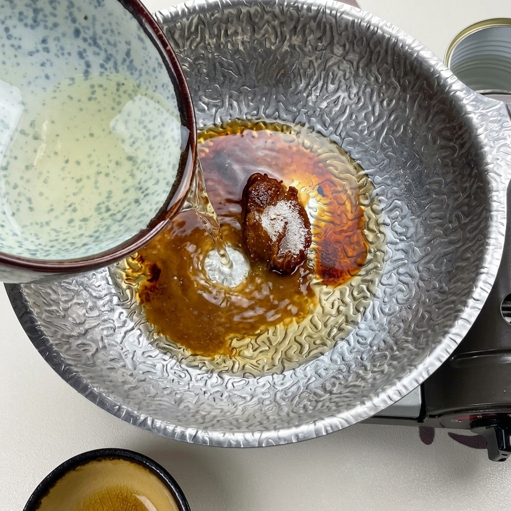 Klare Dashi-Brühe wird aus einer blau gemusterten Keramikschale in den Topf mit der dunklen Miso-Zucker-Mischung gegossen.