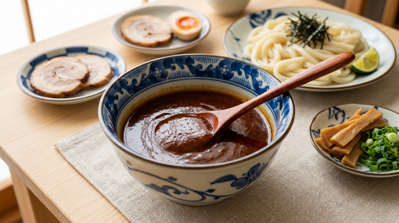 Eine Schüssel mit dunkler, glänzender Miso-Dipsauce, serviert neben kalten Udon-Nudeln und traditionellen Ramen-Toppings.