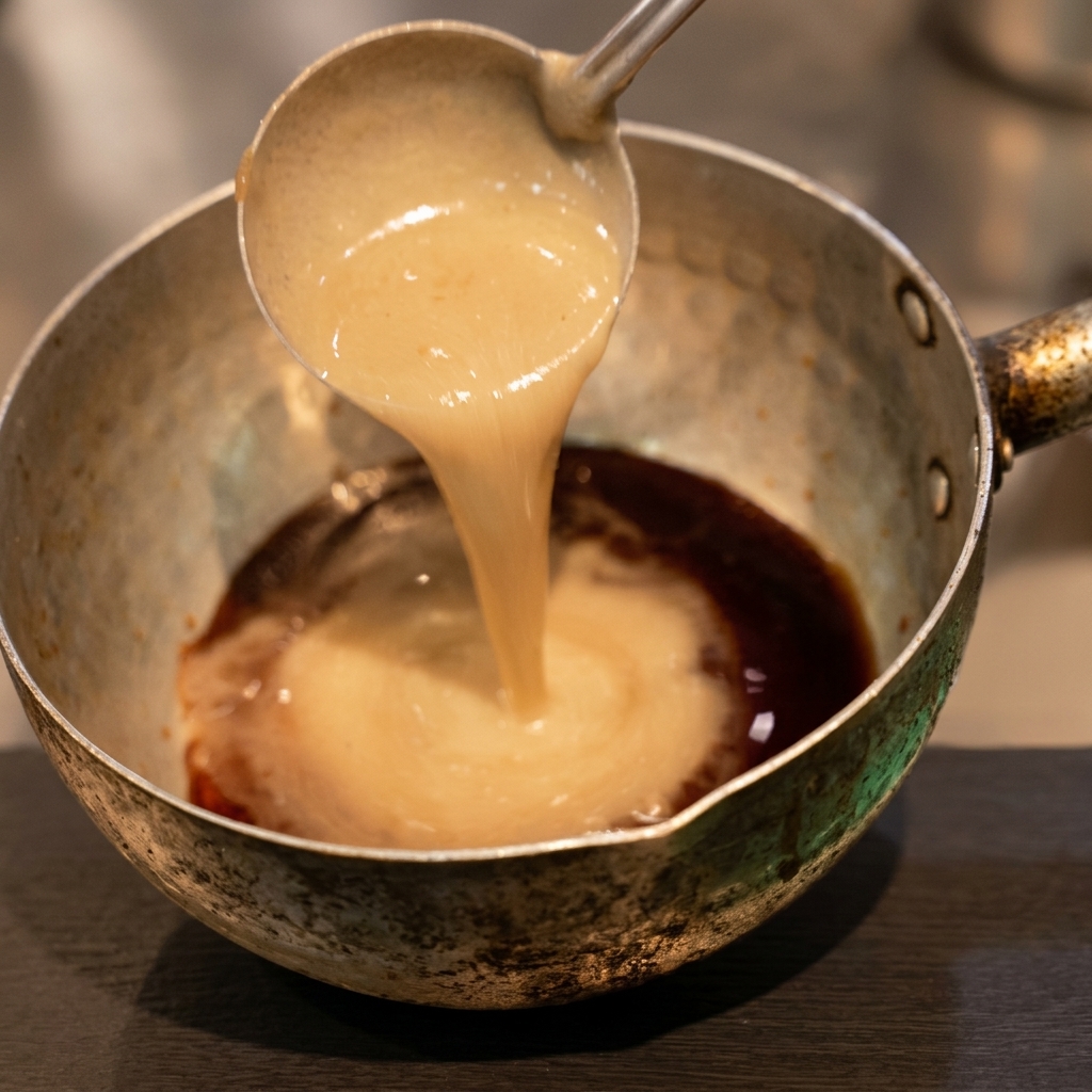 Eine Schöpfkelle voll cremiger, beigefarbener Schweinebrühe wird in einen Topf mit der dunklen Sojasaucenbasis gegossen.