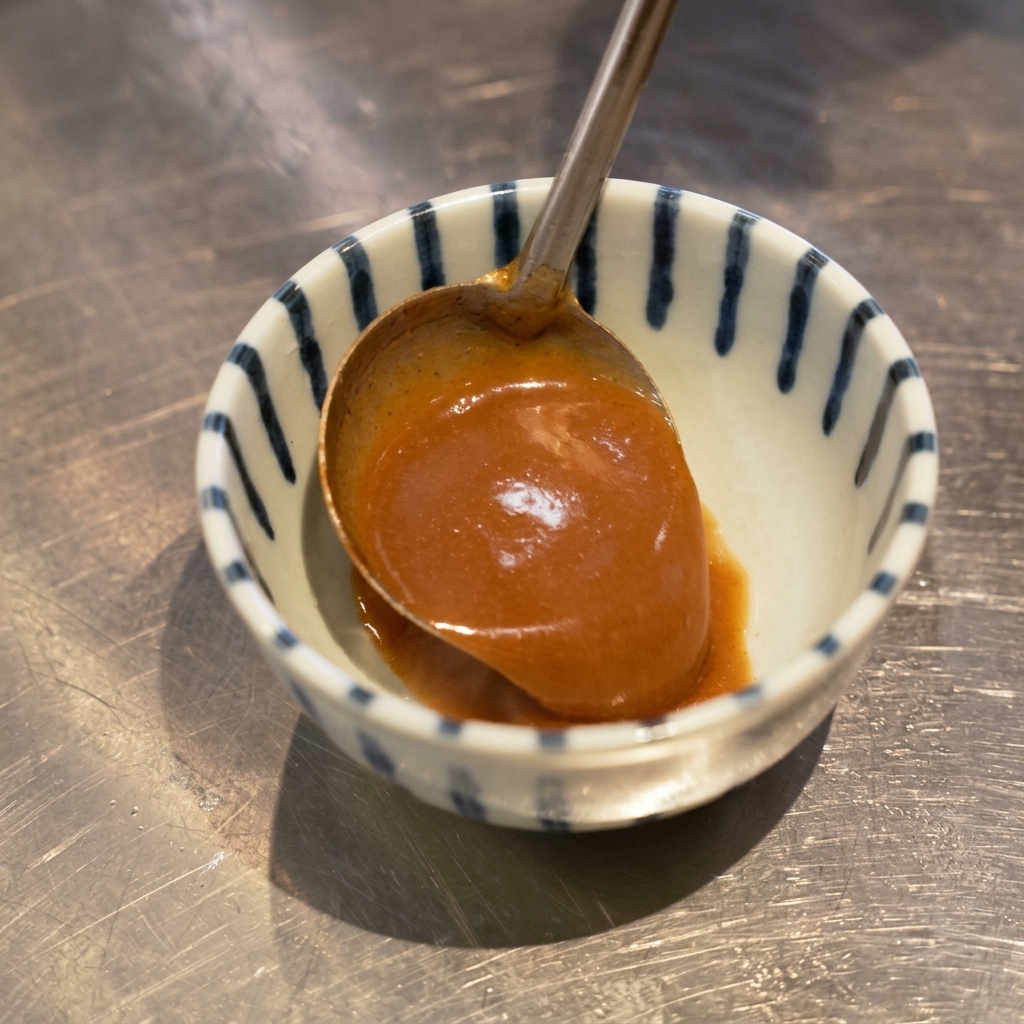 Eine Metallschöpfkelle gießt reichhaltige, braune Dip-Sauce in eine Keramikschale mit vertikalen blauen Streifen.