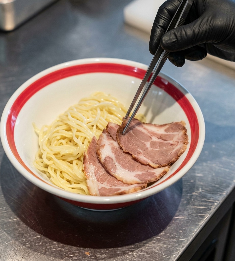 Eine Pinzette legt dünne, marmorierte Scheiben geschmorten Schweinebauchs auf ein Bett aus dicken, blassgelben Ramen-Nudeln in einer Schüssel mit rotem Rand.
