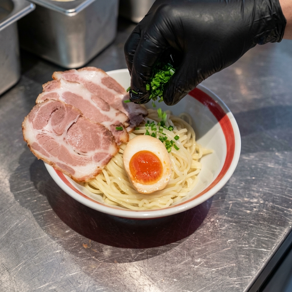 Ein Koch in schwarzen Handschuhen streut leuchtend grüne Frühlingszwiebeln über eine Schüssel mit Nudeln, Chashu-Schweinebauch und einem weichgekochten Ei.