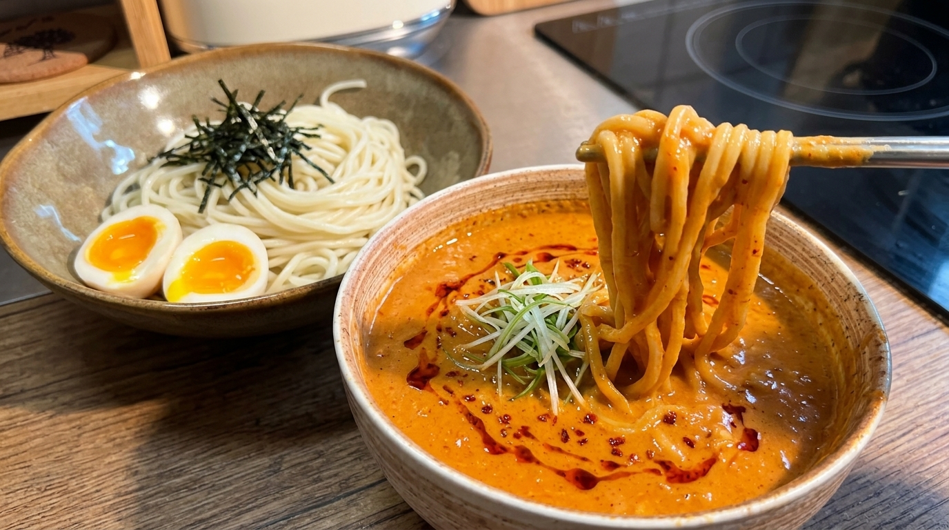 Cremige Tsukemen: Japanische Miso-Sojamilch-Nudeln