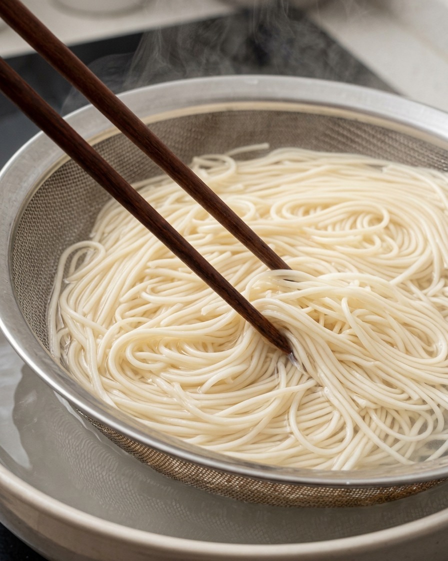 Ein mit gekochten, dampfenden Ramen-Nudeln gefülltes Küchensieb wird mit hölzernen Essstäbchen aus einem Topf gehoben.