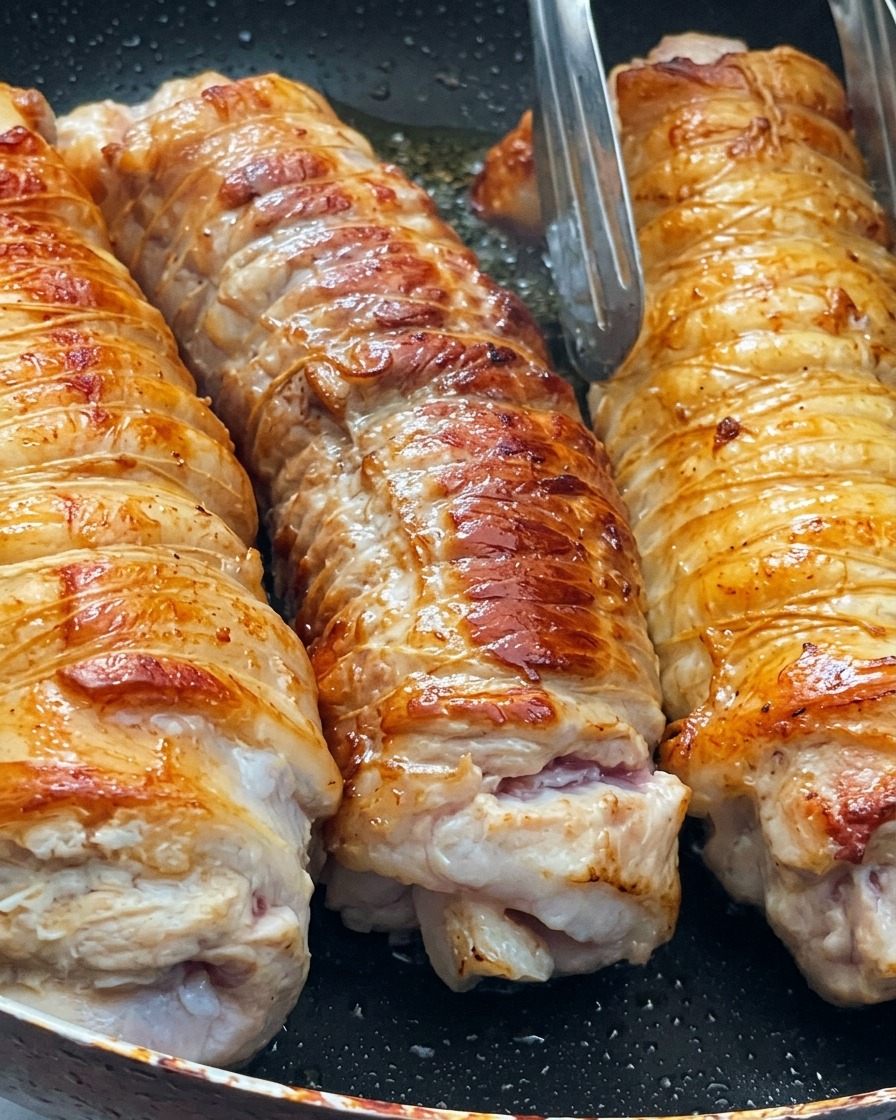 Drei gebundene Rollen Schweinebauch bräunen in einer Pfanne, während sie mit einer Metallzange gewendet werden.