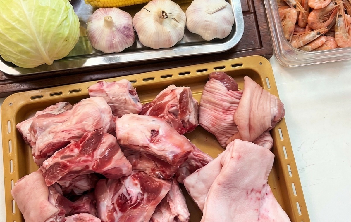 Verschiedene rohe Zutaten wie Schweineknochen auf einem Blech, eine Schale mit rosa Garnelen, Maiskolben und Knoblauchknollen auf einer Küchenarbeitsplatte.
