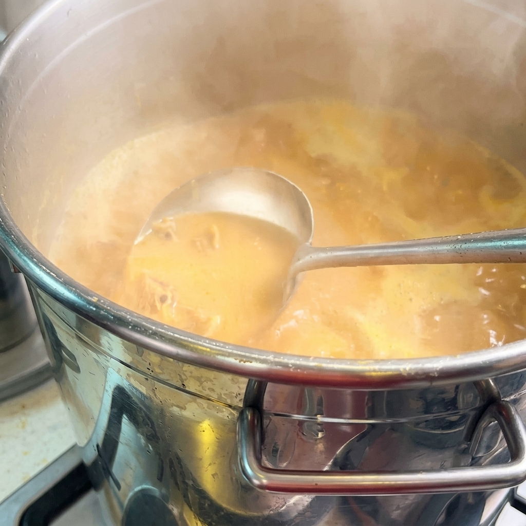 Eine Schöpfkelle hebt eine Portion dicke, opake, leuchtend gelb-orangefarbene Krustentier-Ramenbrühe aus einem großen Topf.