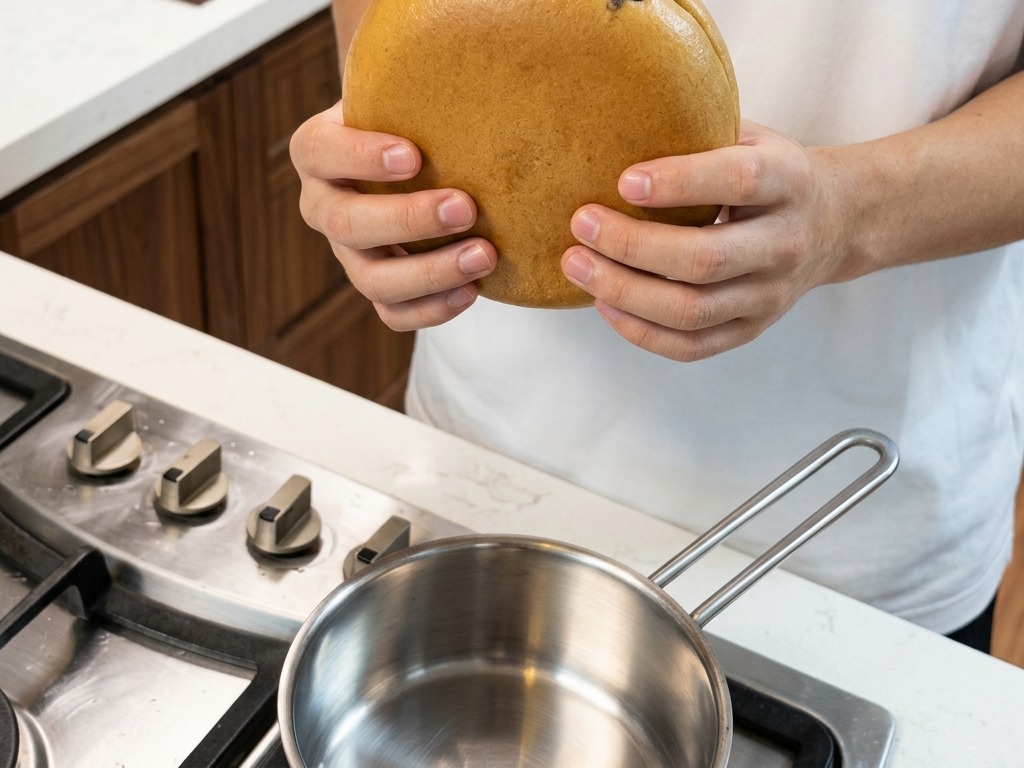 Eine Person hält eine feste, kreisrunde Scheibe gefrorener Ramen über einen Edelstahltopf und zeigt die glatte, bräunlich-orangefarbene Suppenbasis.