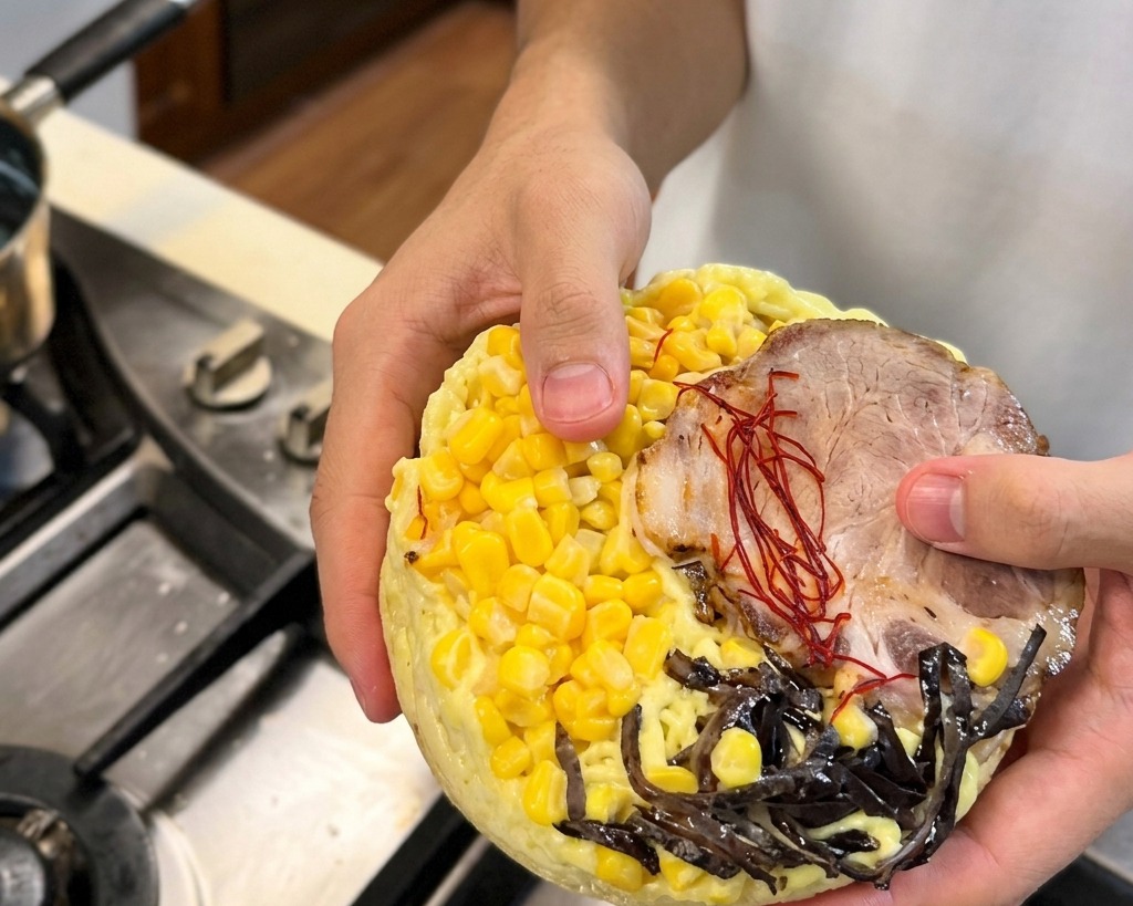Eine Person hält eine kreisrunde, gefrorene Ramen-Scheibe, die mit gelbem Mais, einer Scheibe Chashu und Streifen von Wolkenohrenpilzen belegt ist, über ein Kochfeld.