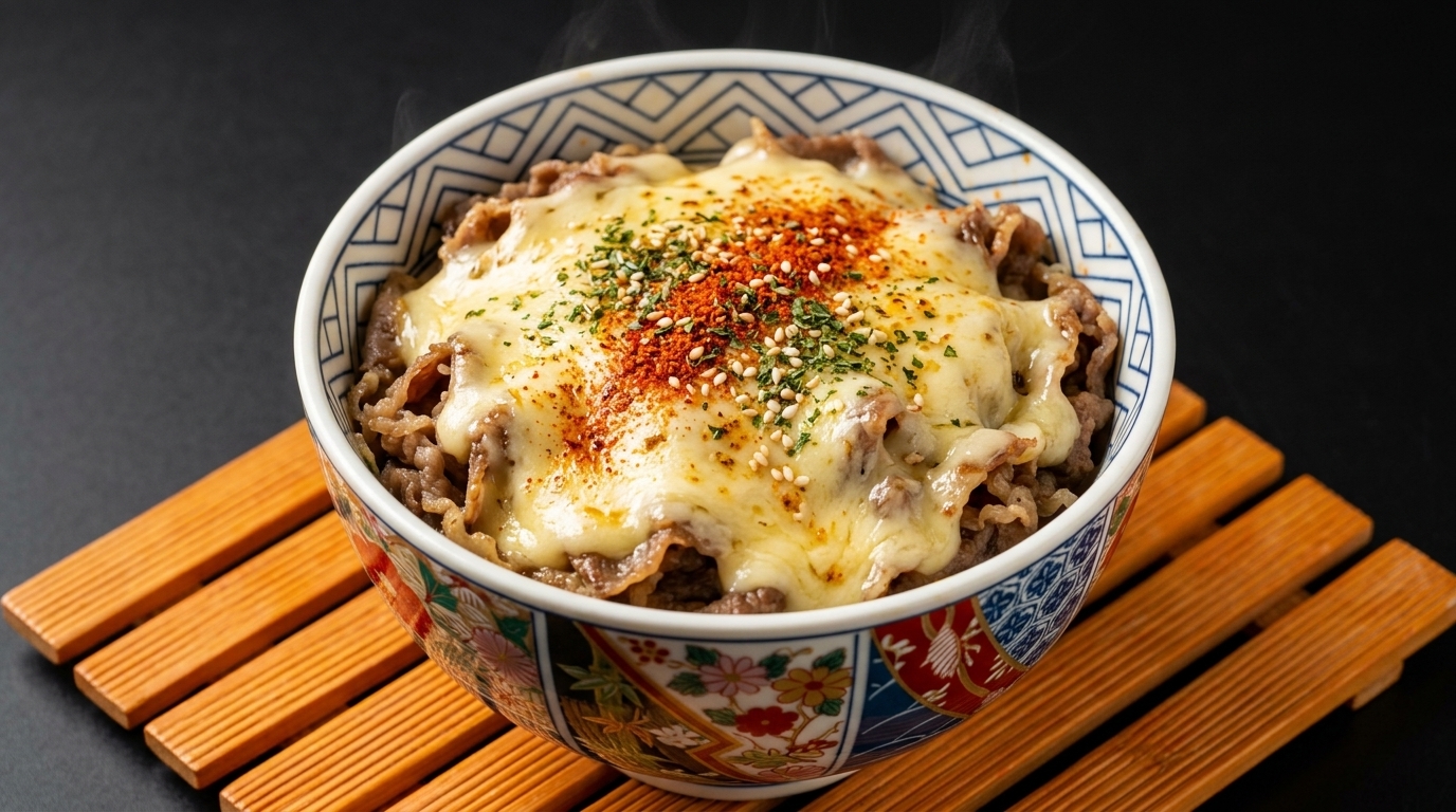 Japanisches Käse-Rindfleisch-Donburi (Chizu Gyudon)