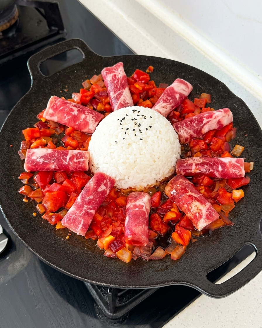 Dunkelbraune, herzhafte Sauce wird über rohe Rindfleischröllchen und rote Tomatensauce in einer runden Pfanne gegossen.