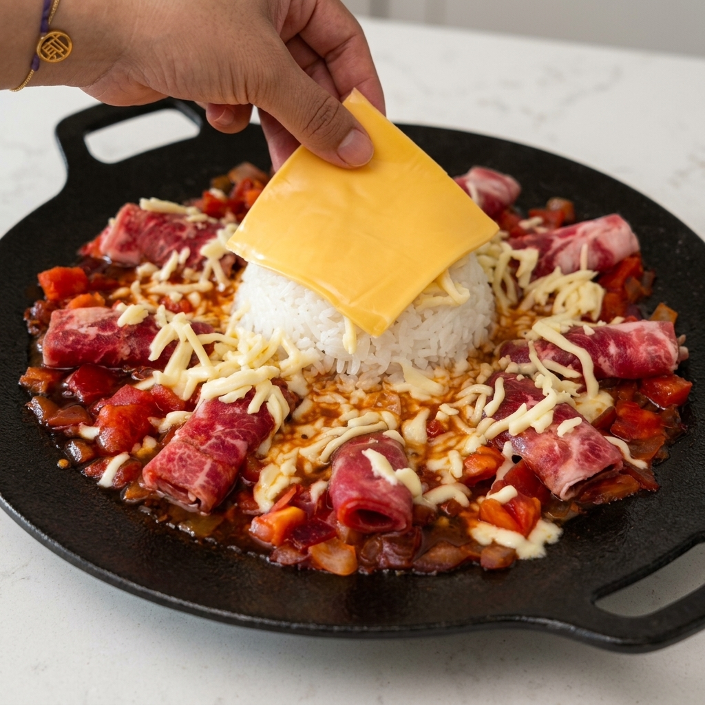 Eine Hand legt eine quadratische Scheibe gelben Cheddar-Käse direkt auf eine Kuppel aus weißem Reis in einer Pfanne, umgeben von Rindfleischröllchen und geriebenem Käse.